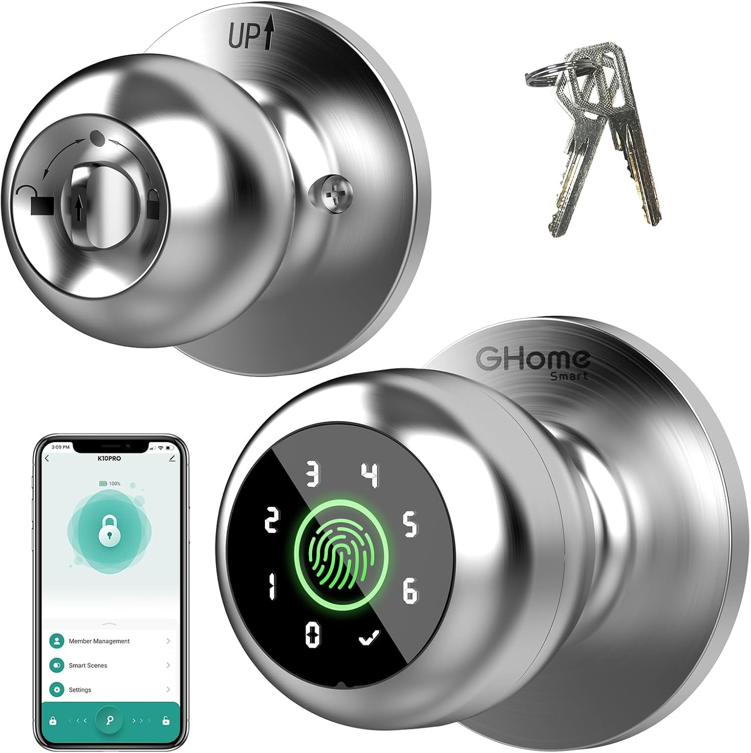 lock4 GHome Smart Fingerprint Door Knob – 4-in-1 Keyless Entry Lock with Keypad, App Control, Auto Lock, Biometric Door Lock for Bedroom & Apartment - Image 1